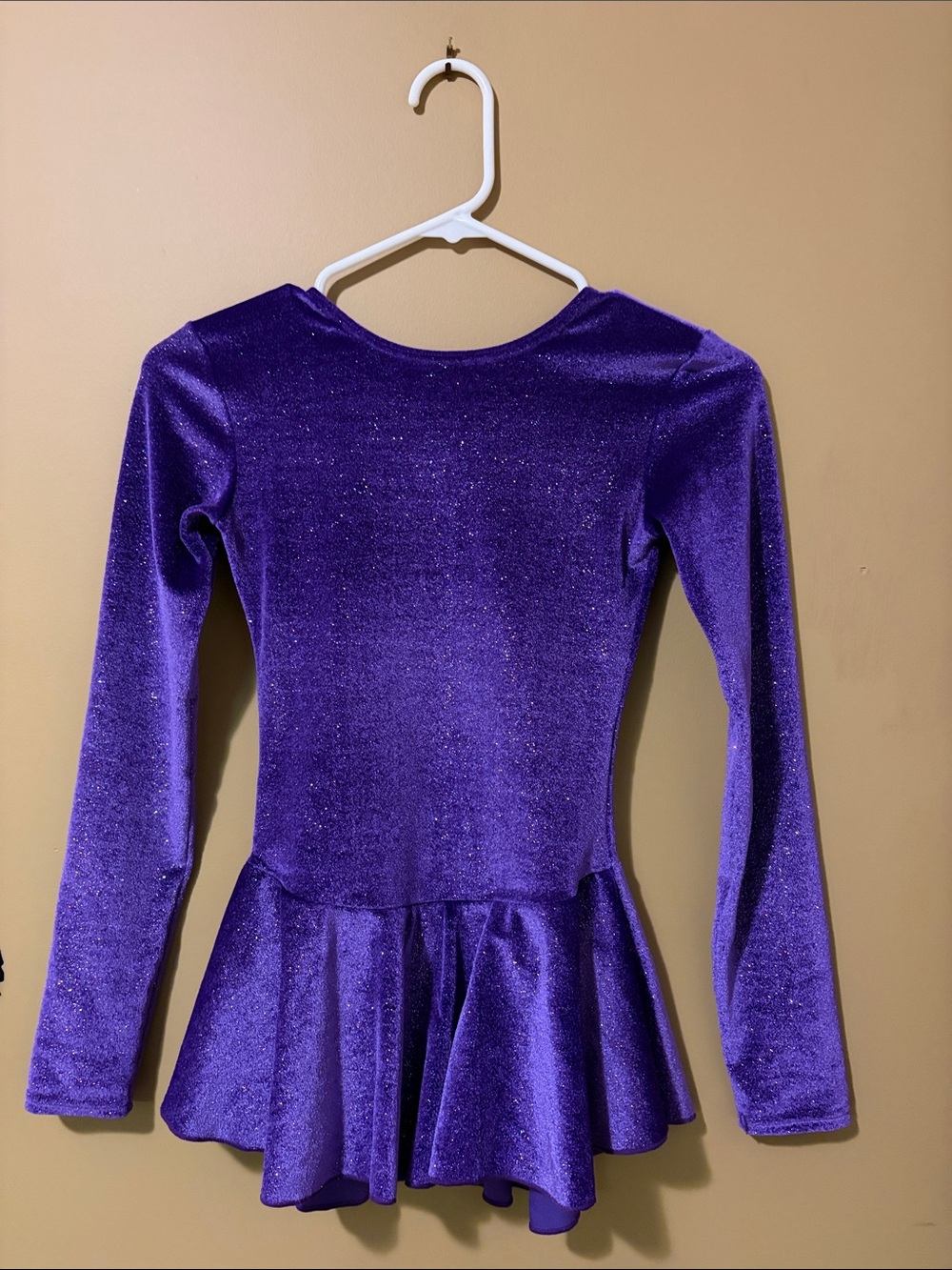 Mondor Girls’ Sparkle Purple Velvet Peplum Long Sleeve Figure Skating Dress